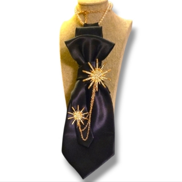 Accessories - Decorative Satin Navy Statement Folded Cravat Necklace Gold Starburst Accents